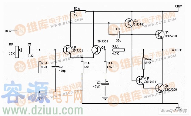 最簡單的50W晶體管功放電路