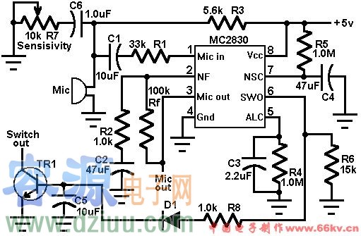 由MC2830組成的話筒前置放大器電路