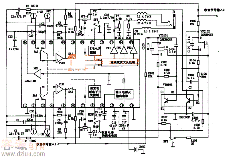LA458lNm集成塊的內電路方框圖及典型應用電路