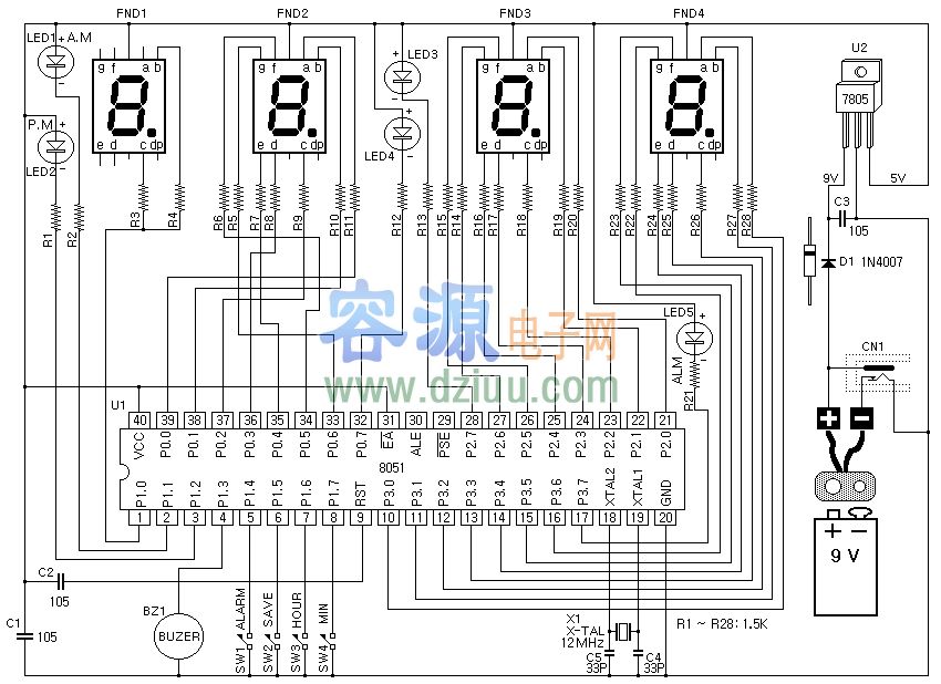 LED電子鐘電路圖 8051單片機(jī)制作LED電子鐘電路圖