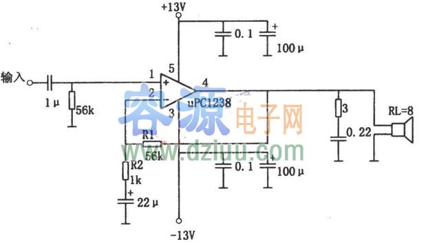 應用μPC1238構成的1OW音頻功率放大器