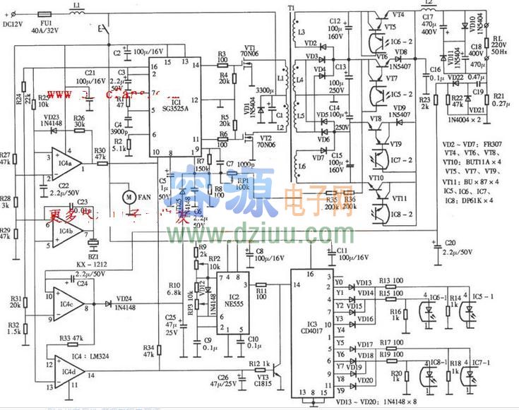 由SG3525組成的300W正弦波逆變電路圖