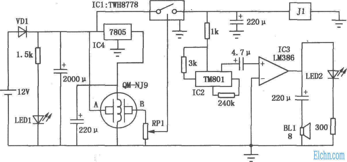 司機酒精檢測報警控制器電路圖