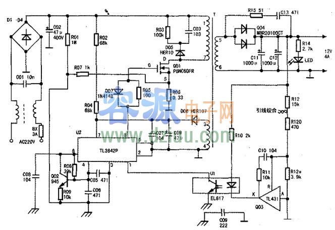 基于TL3842P筆記本電源適配器電路圖 12V 4A