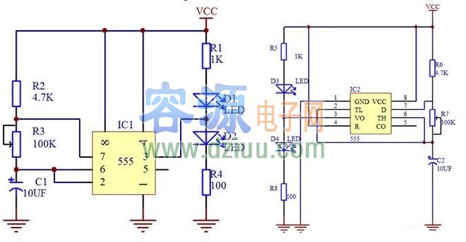 555定時(shí)器設(shè)計(jì)的閃光電路圖