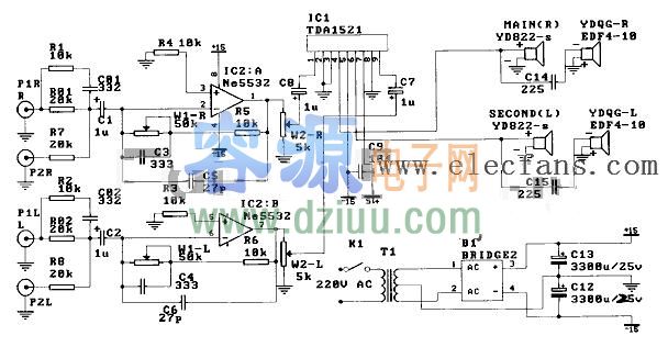 分享漫步者低音炮電路圖(TDA1521,NE5532)
